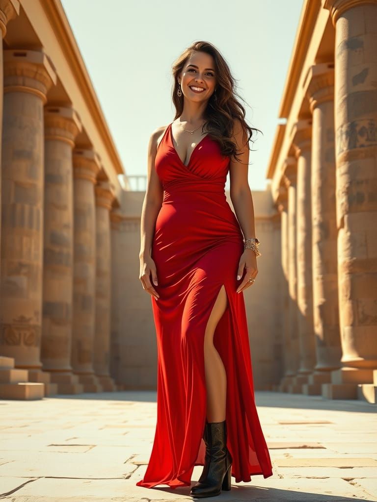Egyptian Woman in Red Dress at Luxor Temple