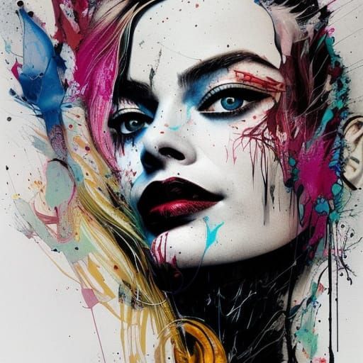 Monochrome Harley Quinn Cel-Shaded Oil Painting