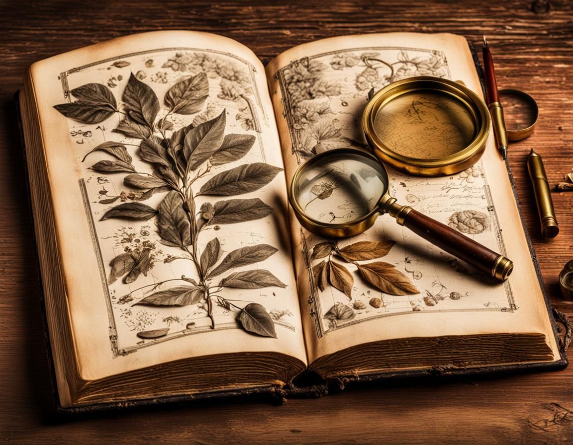 Detailed Botanical Ink Drawings in Antique Book