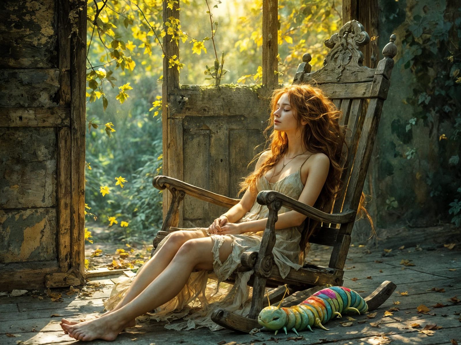 Fairy Napping in Rocking Chair, Dreamlike Illustration