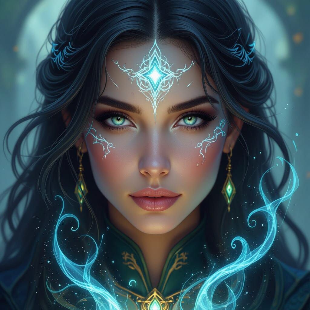 Mystical Female Wizard Portrait in Hyperrealistic Fantasy Ar...