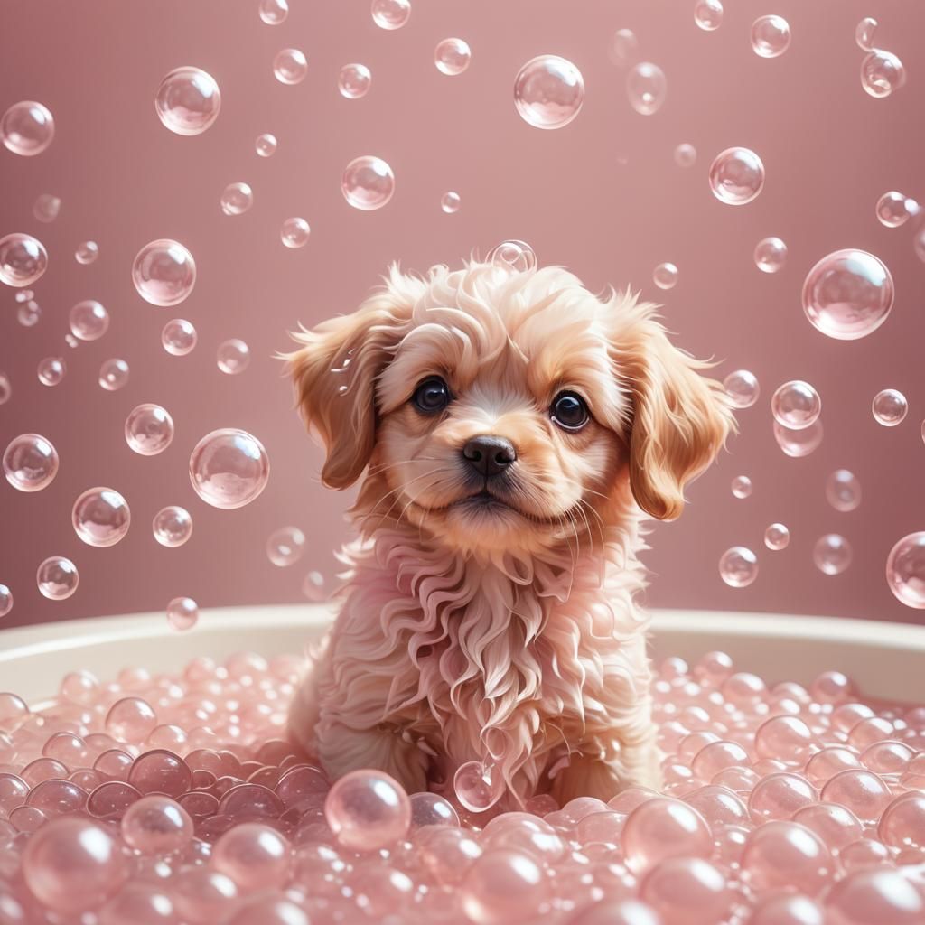 Cute Pink Puppy in Pink Bubble Bath: Pastel Illustration