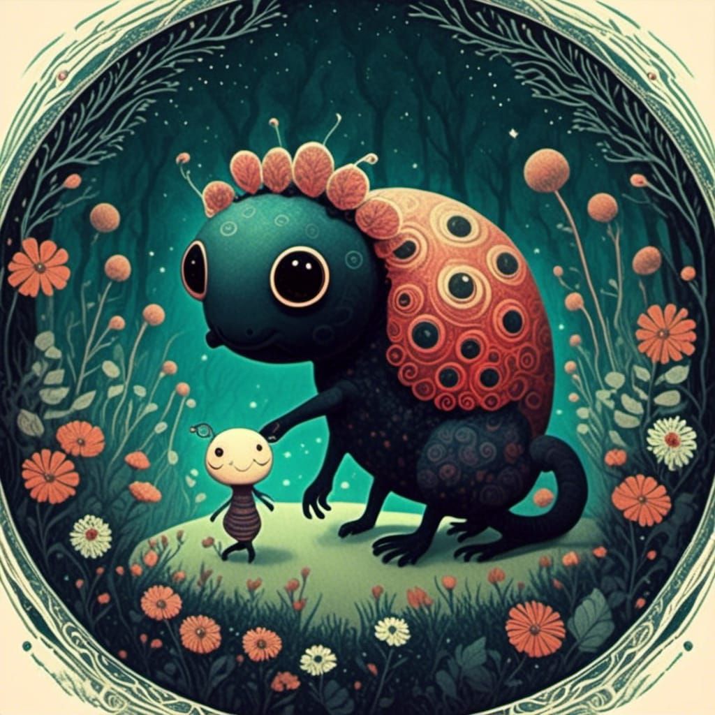 Cute Baby Cryptid in Holographic Flower Forest