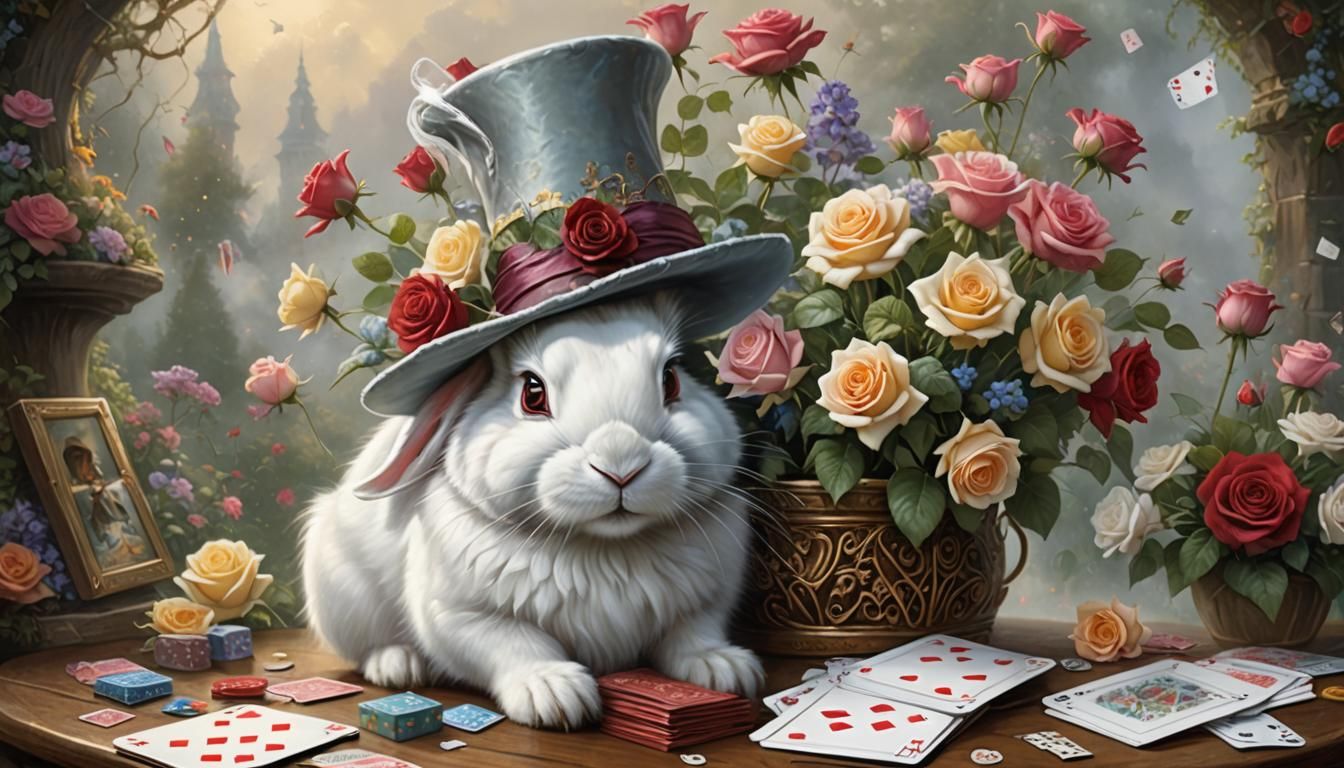 Magical Still Life with Rabbit in Kinkade Style