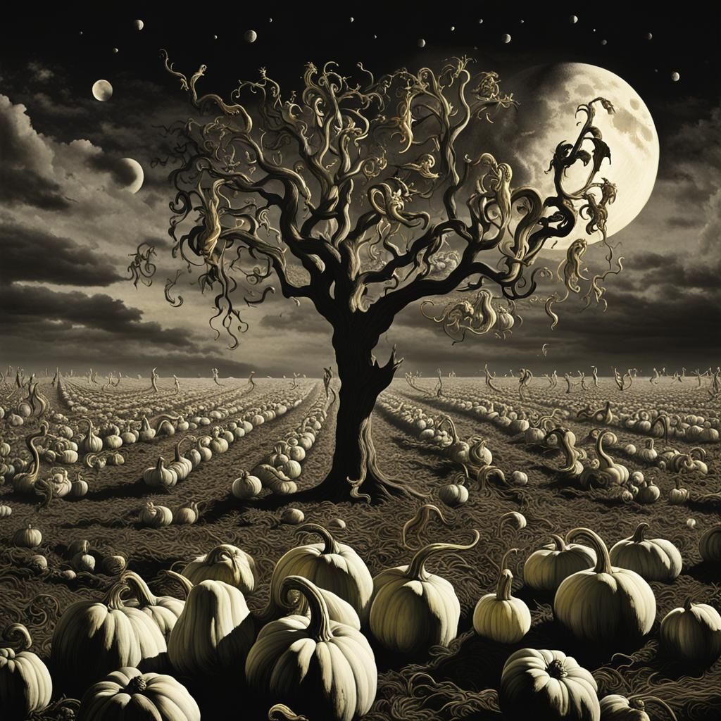 Eerie Moonlit Pumpkin Field in Surrealist Style