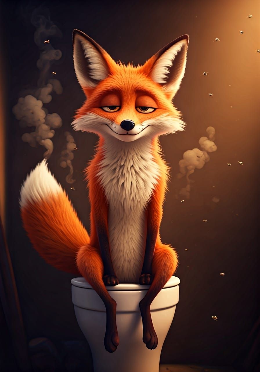 Relaxed Fox on Toilet in Pixar-Style CGI