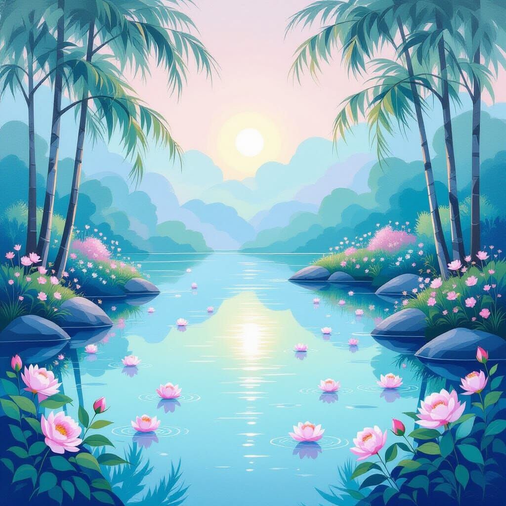 Ethereal Pond Painting with Pastel Gradients
