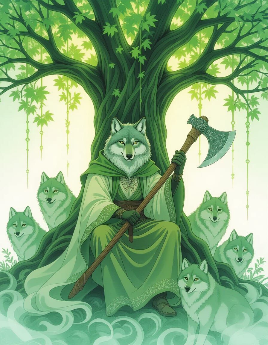 Wolf Druid Surrounded by Magic in Watercolor Style