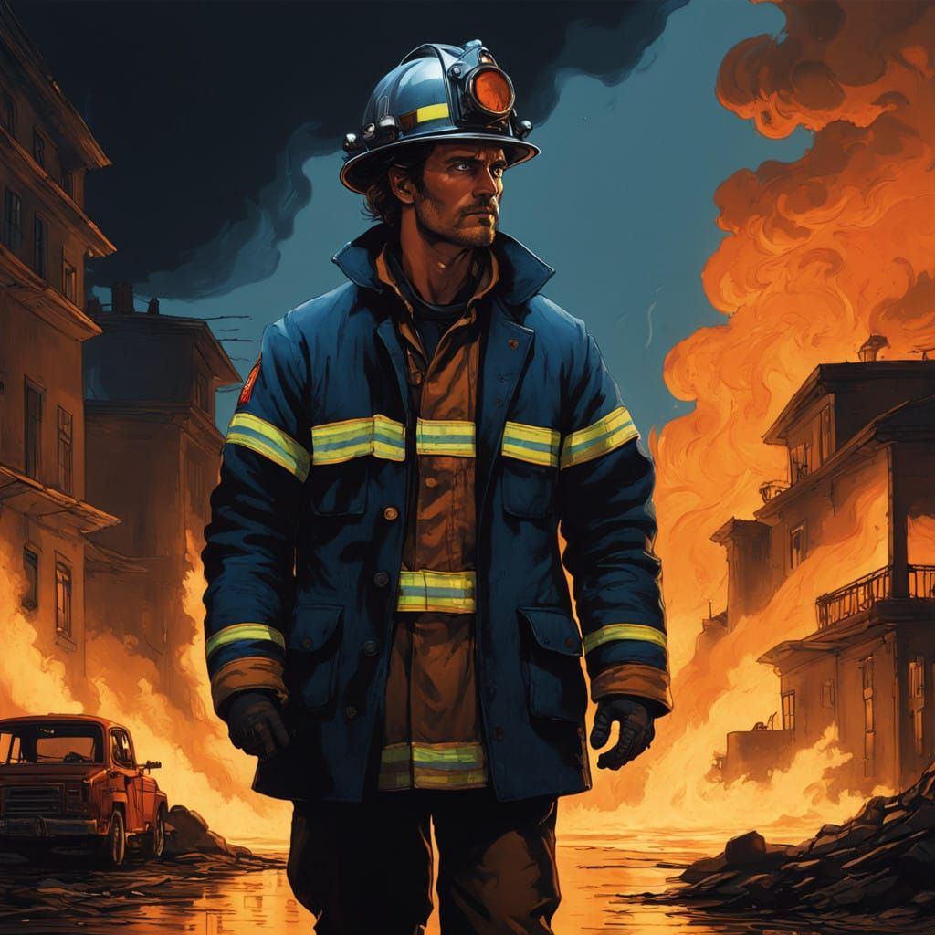 Heroic Firefighter Against a Swirling Inferno in Dramatic Li...