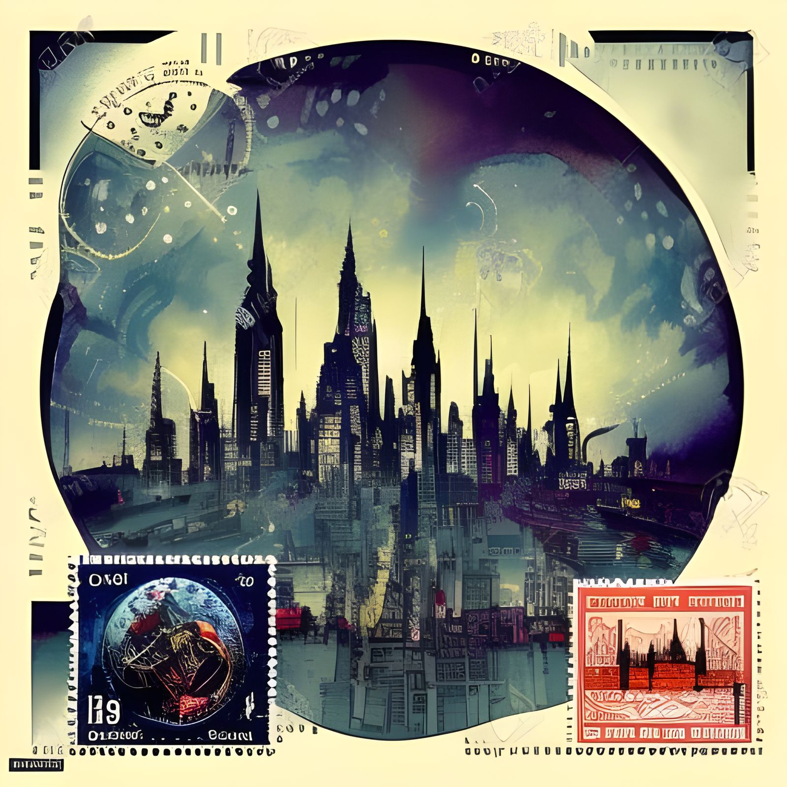 City Skyline Postage Stamp in Watercolor Style