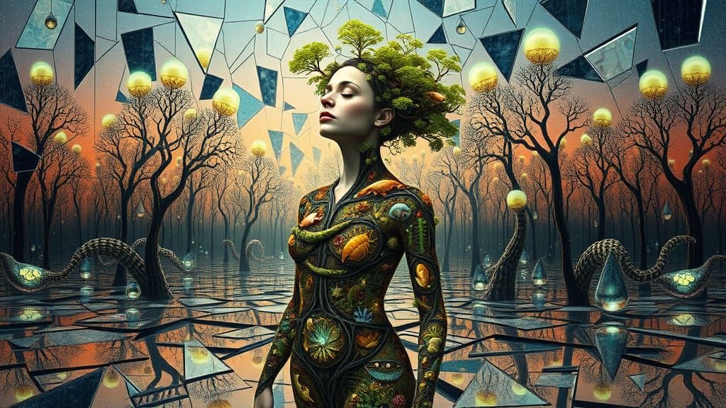 Ethereal Bio-Art Landscape with Glowing Ecosystems and Shatt...