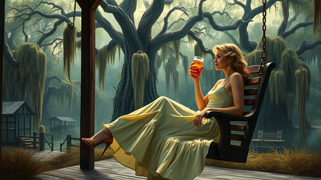 Louisiana Bayou Woman in Surreal Nostalgic Scene