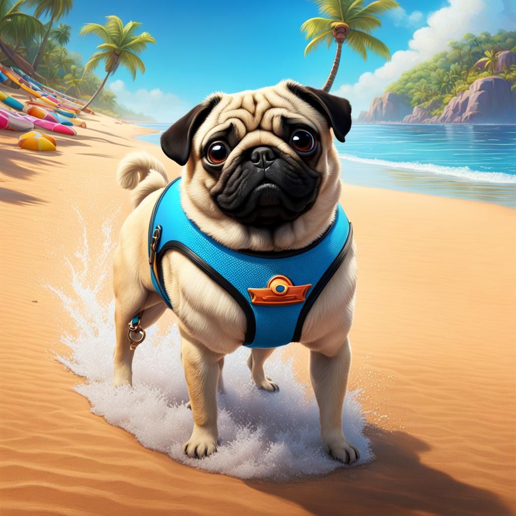 Hyperrealistic Pug in Speedo on Beach