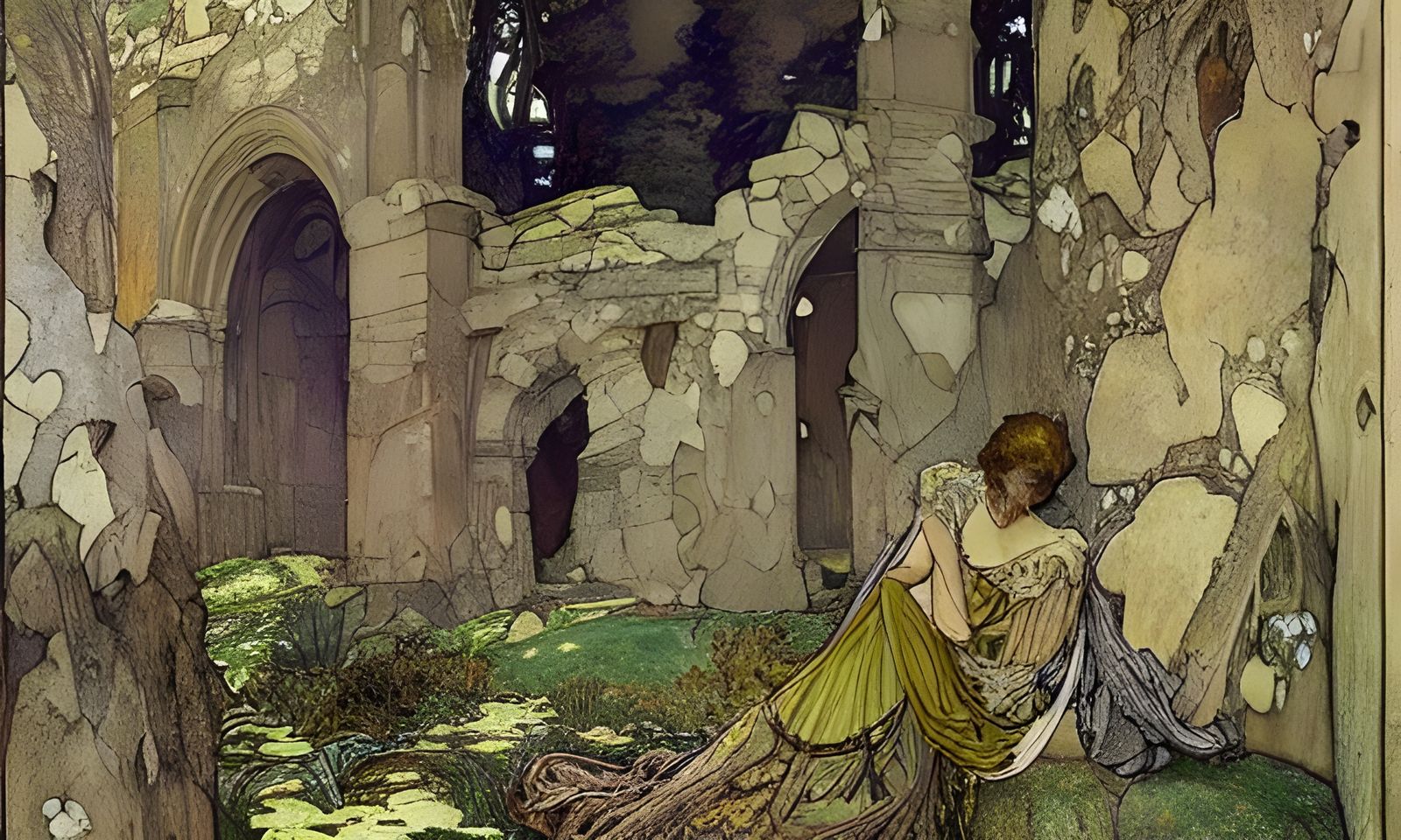 Irish Monastic Ruins in Art Nouveau Style