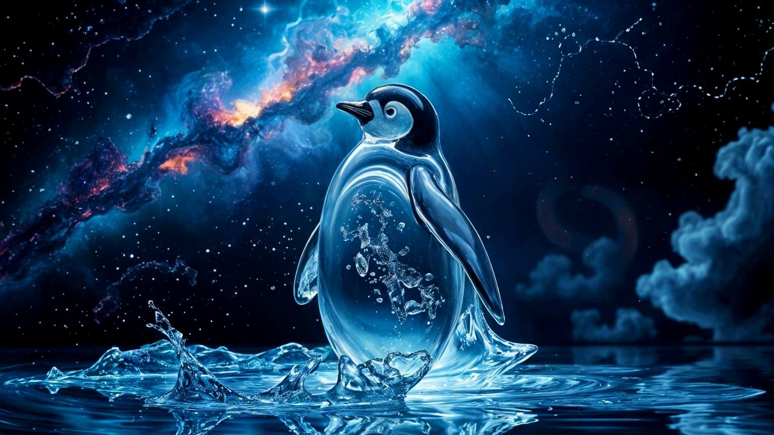 Cosmic Penguin Water Spirit in Shimmering Fluid Form