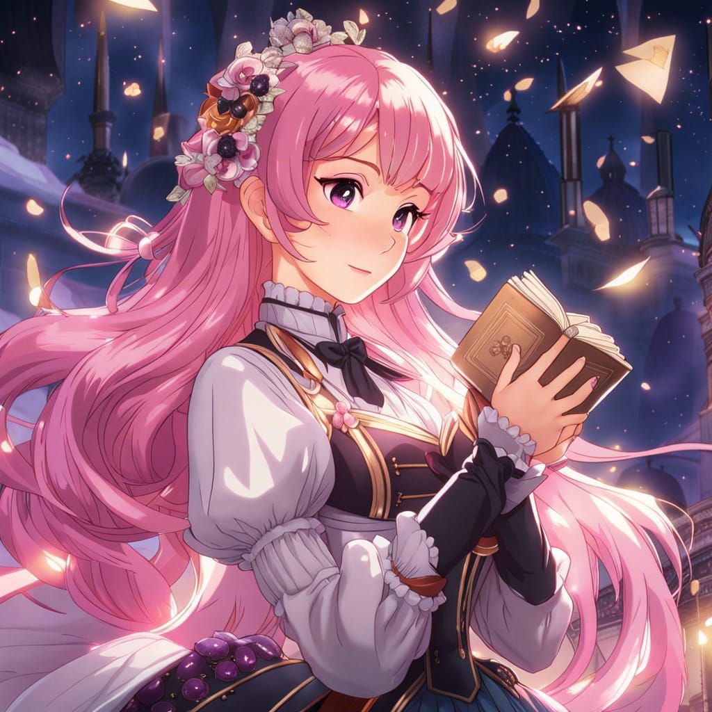 Victorian Woman Reading in Library, Anime Style