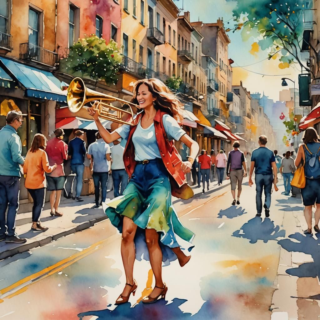 Woman and Trombone Dancing: Watercolor Alcohol Ink Art