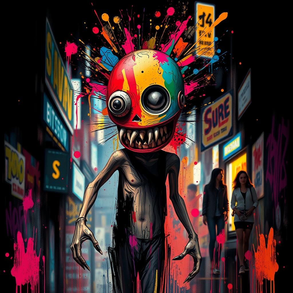 Abstract Grotesque Figure in Dystopian Street Scene