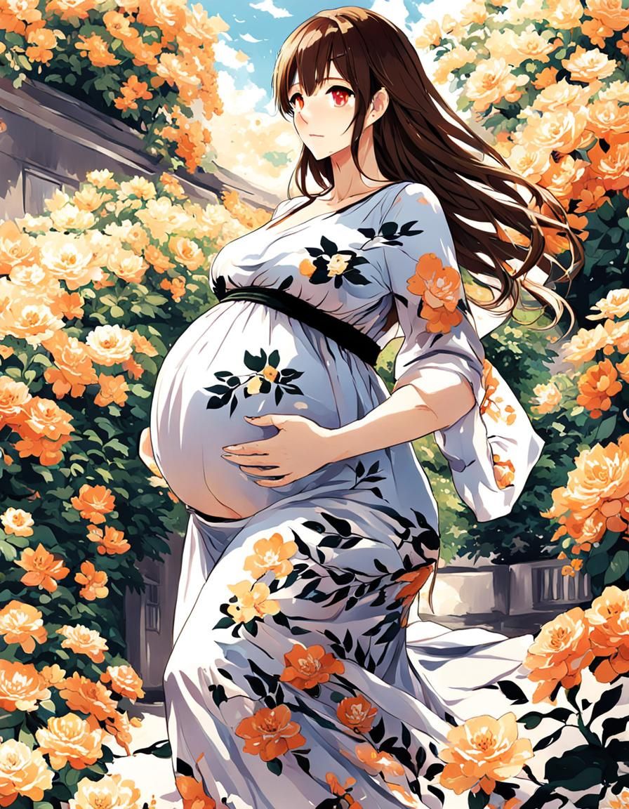 Pregnant Woman in Floral Dress: Anime Style