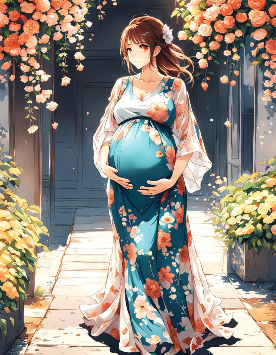 Pregnant Woman in Floral Dress: Anime Style