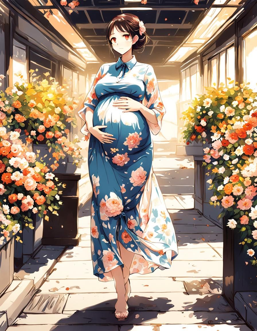 Pregnant Woman in Floral Dress: Anime Style