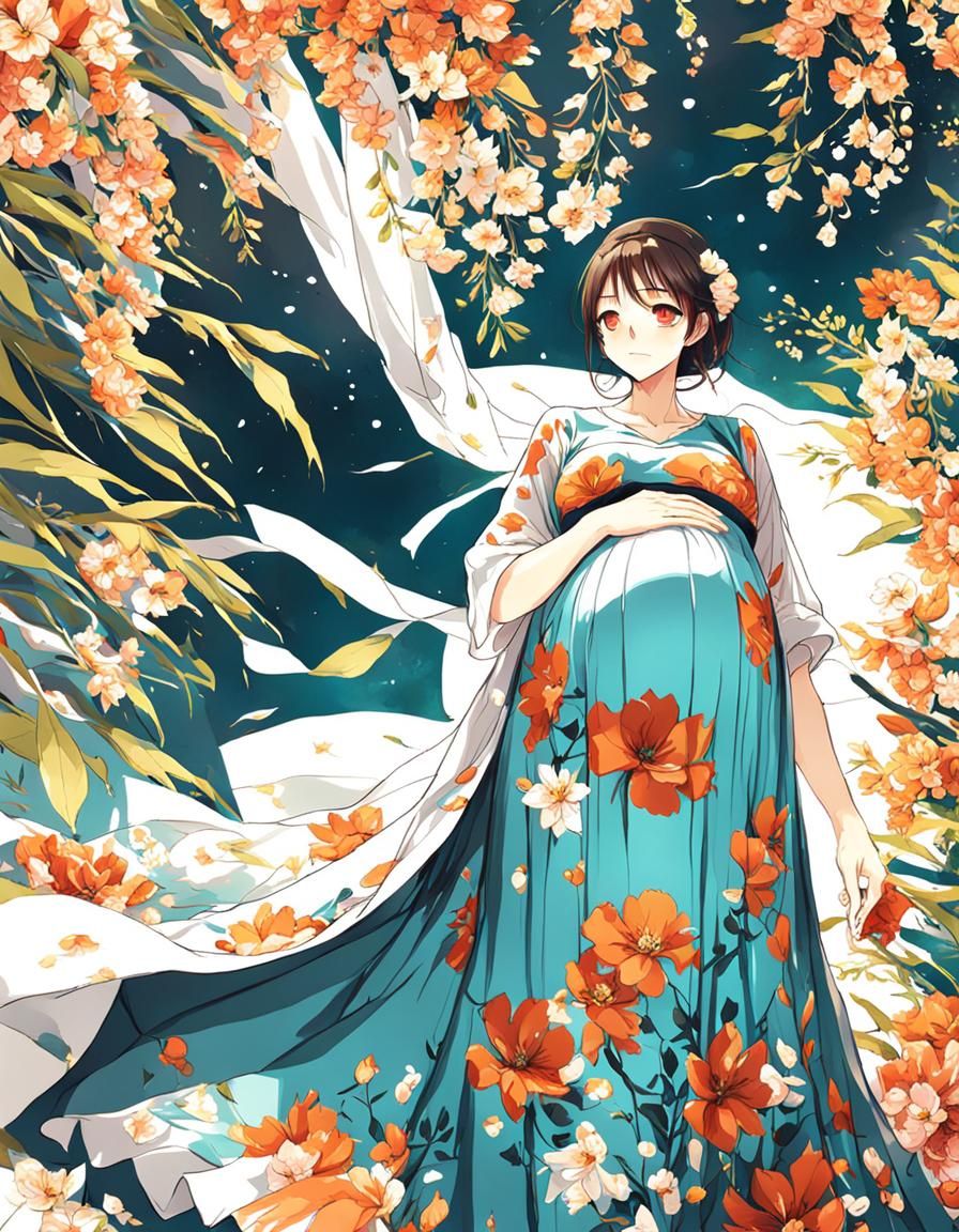 Pregnant Woman in Anime-Inspired Floral Dress