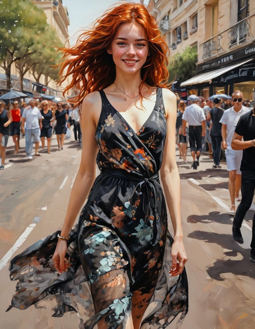 " Une femme rousse souriante, les yeux pétillants de joie dans une robe noire, au buste brodé sur le tapis rouge du fest...