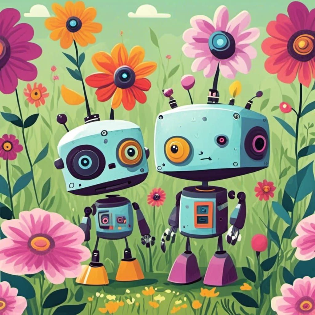 Cute Patchwork Robots in a Flower Garden