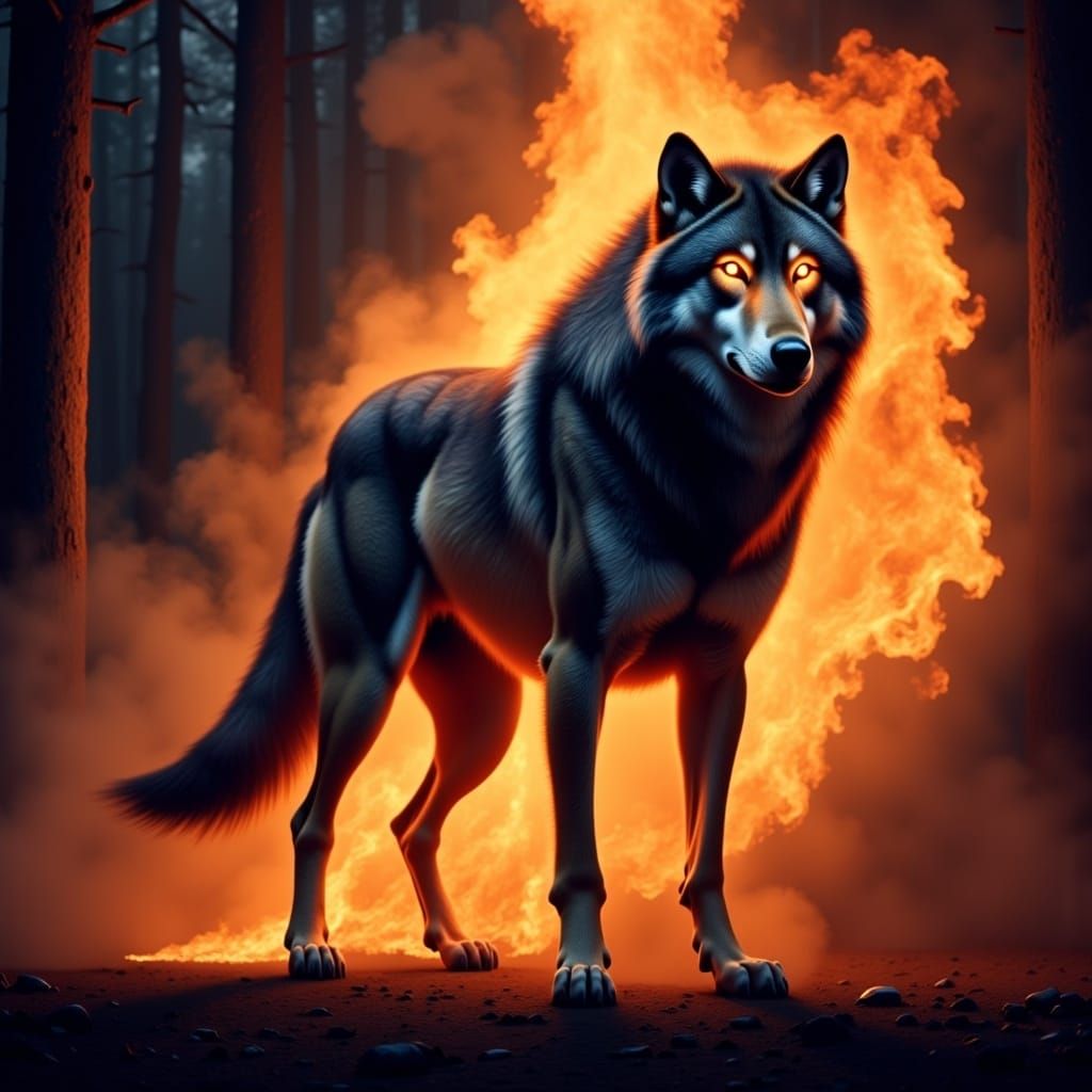 Majestic Wolf Illuminated by Roaring Fire in Dark Fantasy Sc...