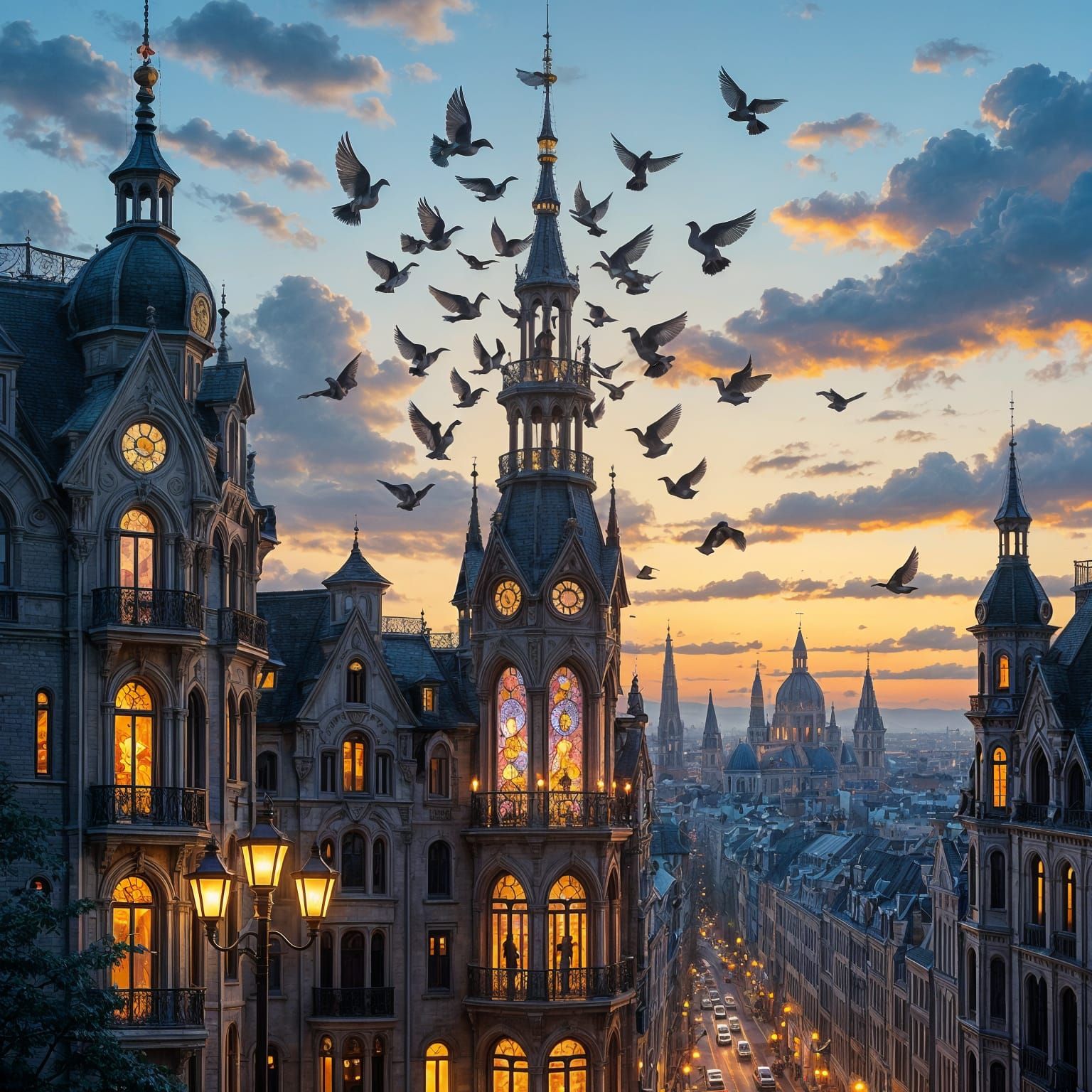 Art Nouveau Cityscape with Pigeons at Twilight