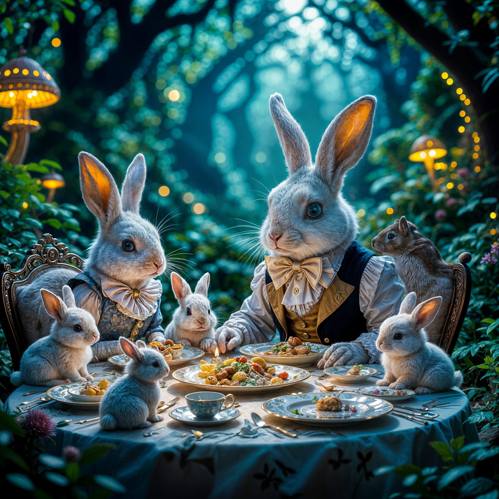 Alice in Wonderland Rabbit Family Dinner in Vibrant Forest