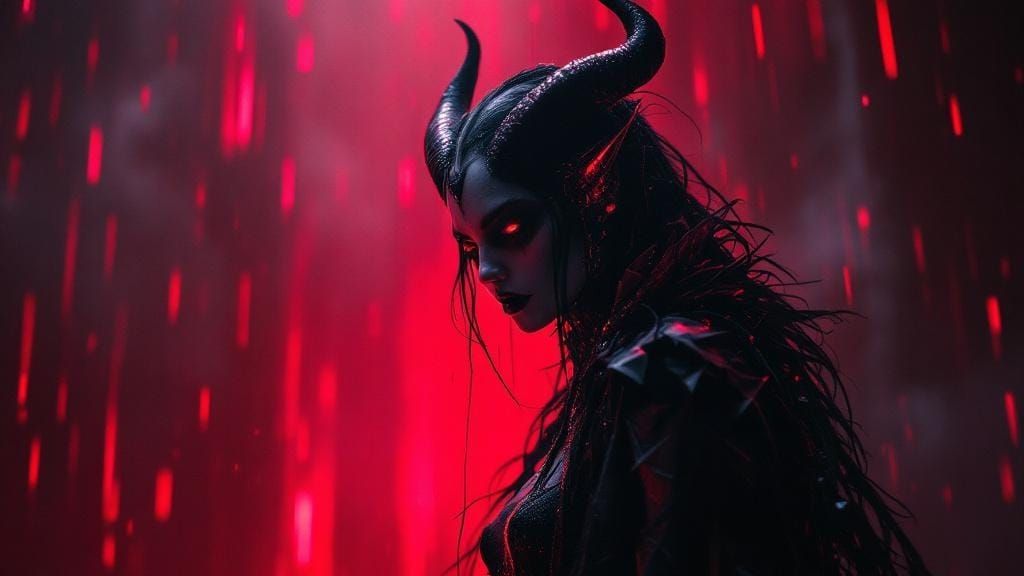 Mysterious Demoness in Blood Rain, Cinematic Digital Art