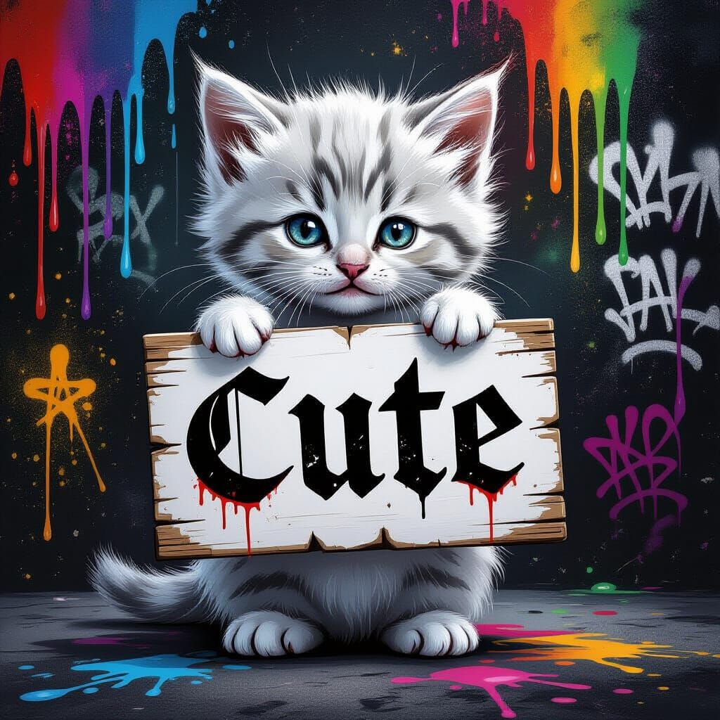 Cute Kitten Holding Sign in Graffiti Street Art Style