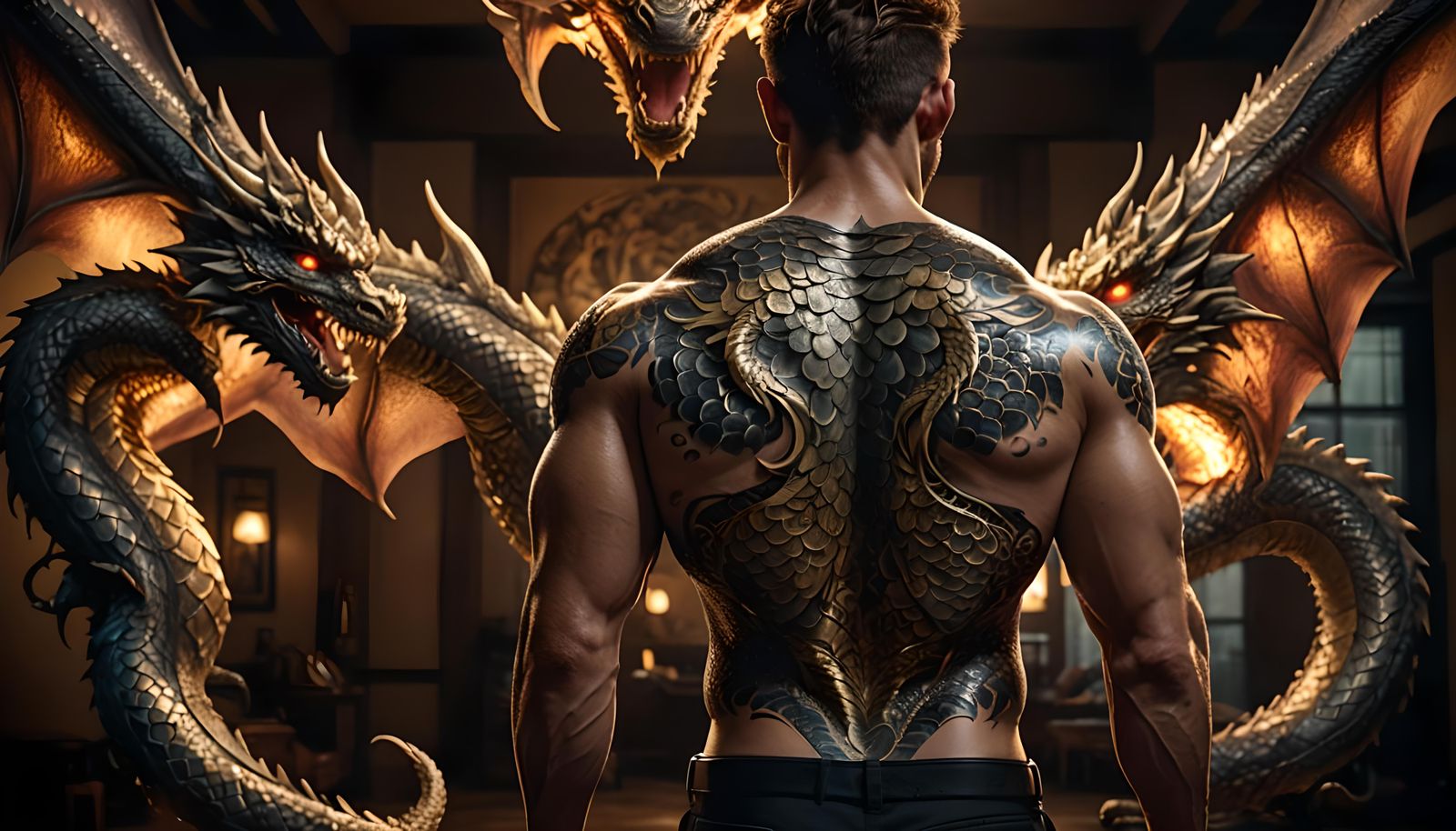Muscular Man with Intricate Dragon Tattoo