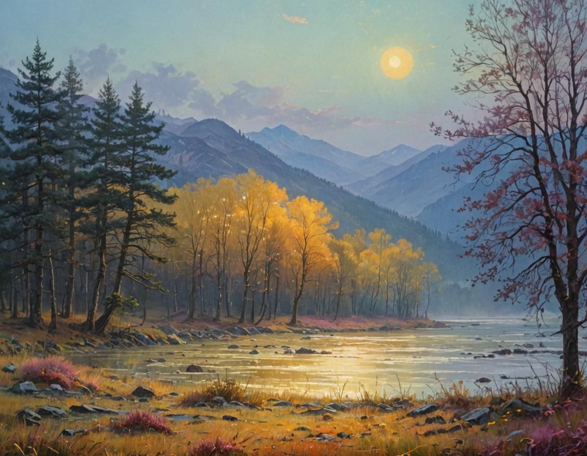 Misty Mountain Sunset Landscape Painting
