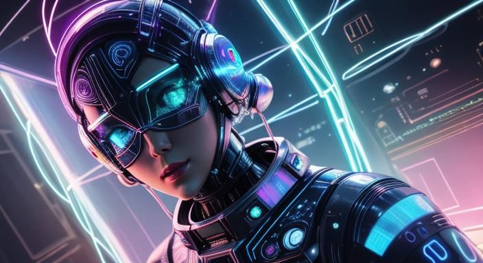 Retro-Futuristic Cyborg Girl in Neon Space Landscape