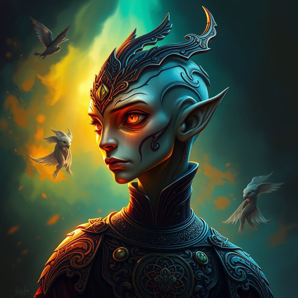 Ornate Alien Portrait in Hyperrealistic Splash Art Style