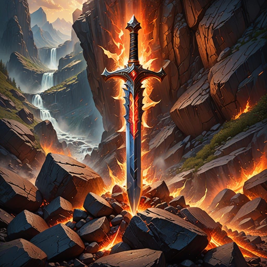 Hyperrealistic Flame Sword in Mid Shot, Intricately Detailed...