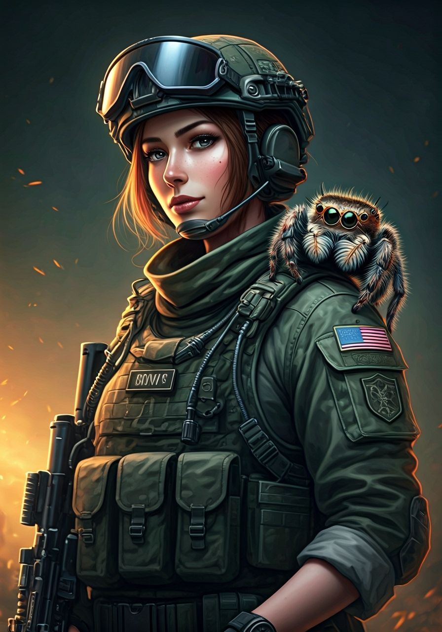 Tactical Soldier with Spider Companion in Fantasy War