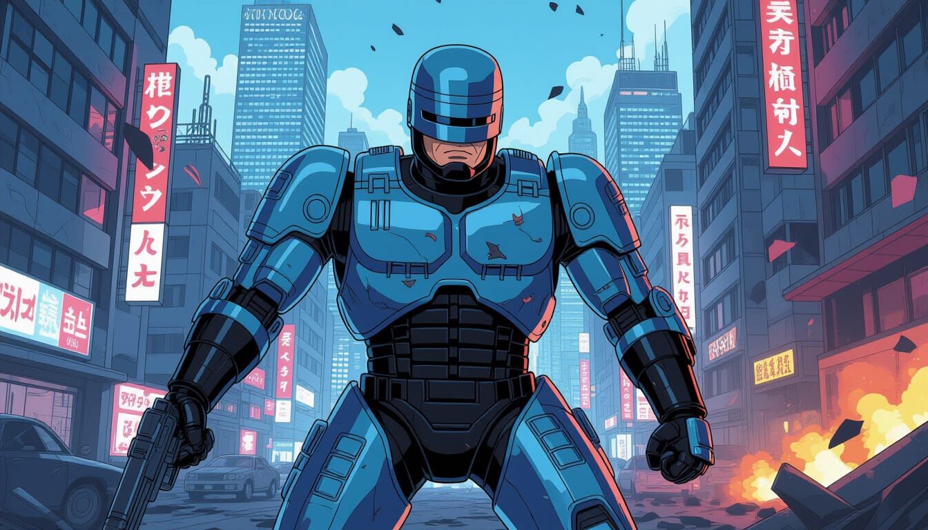 Robocop in Cyberpunk Anime Style, 4K Masterpiece