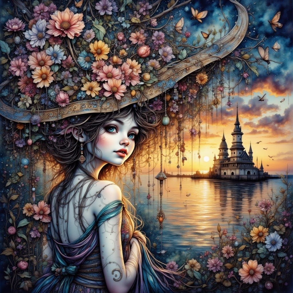 Surreal Watercolor Dreamscape at Dusk: A Bohemian Impression