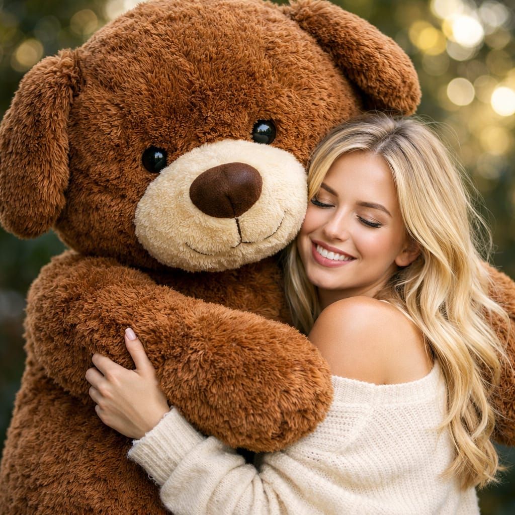 Blonde Girl Hugs Giant Teddy Bear in Professional Photo