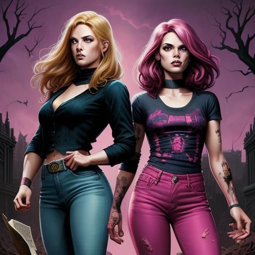 Two Pink Jeans Models in Comic Book Style