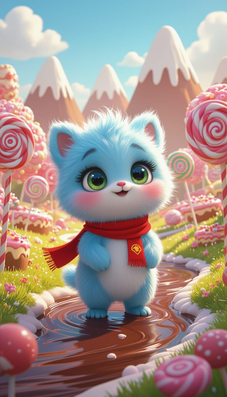 Fluffy Sky-Blue Creature in Whimsical Candy Land Storybook S...