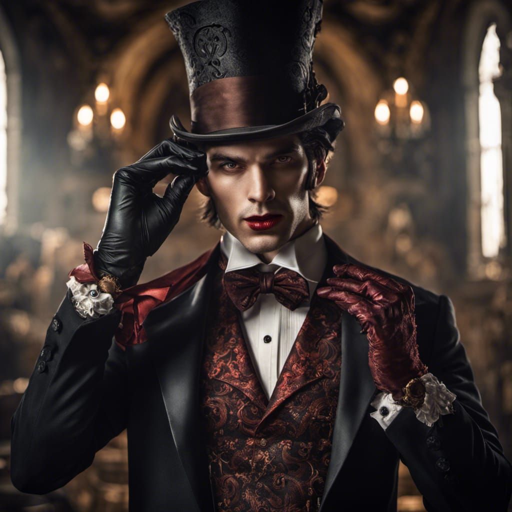 Elegant Vampire with Fangs in Dark Cellar