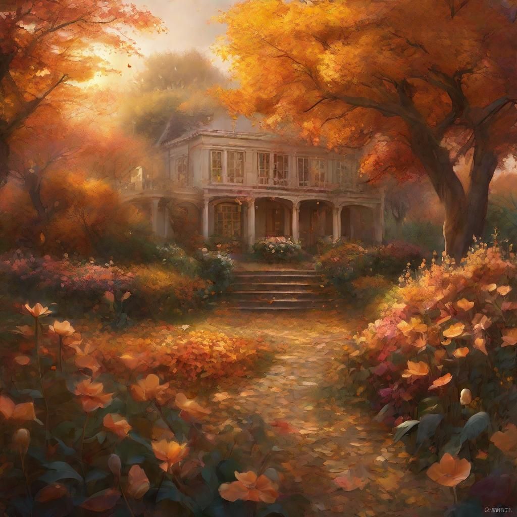 Autumn Garden as Neo-Impressionist Oil Painting