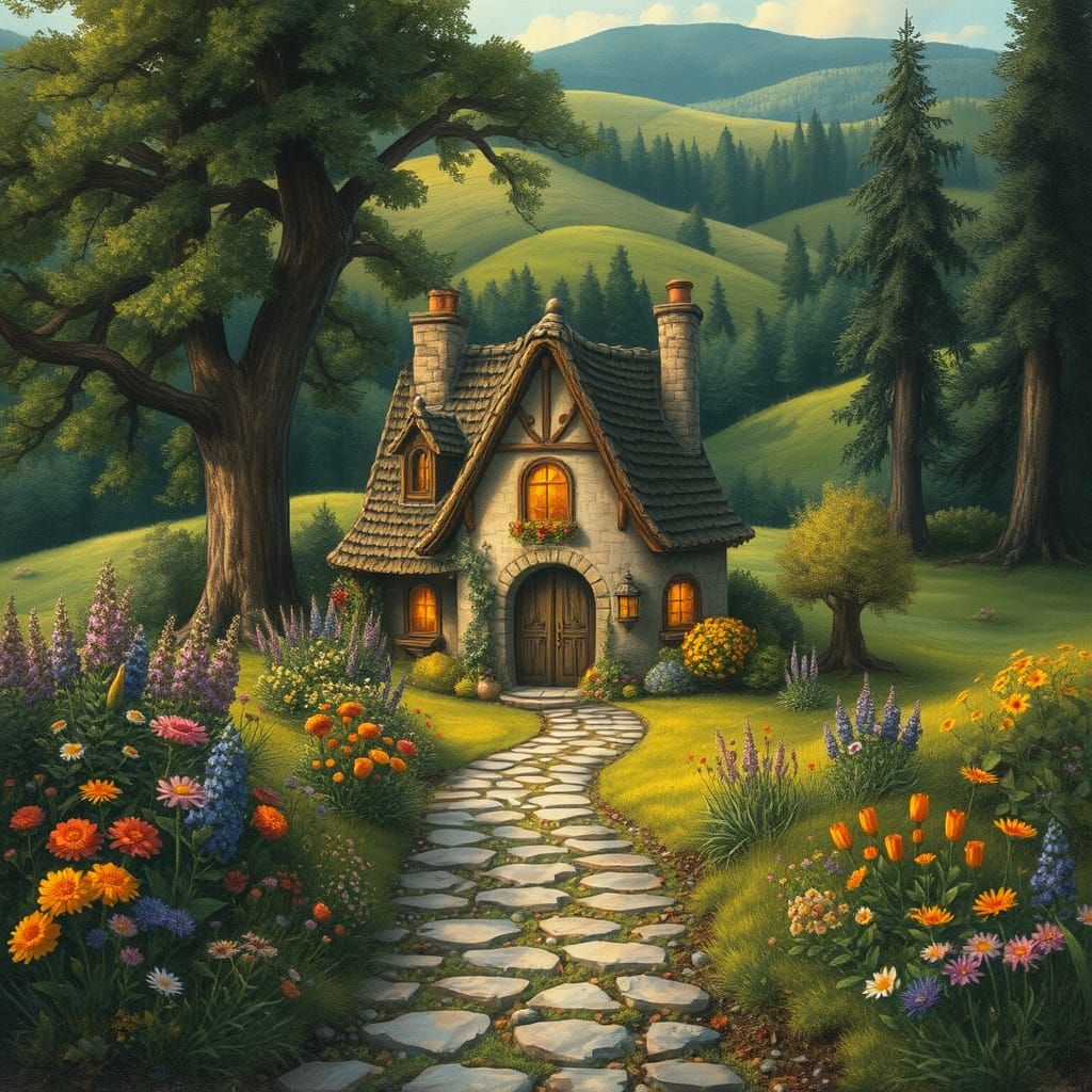 Enchanted Cottage Amidst Whimsical Landscapes