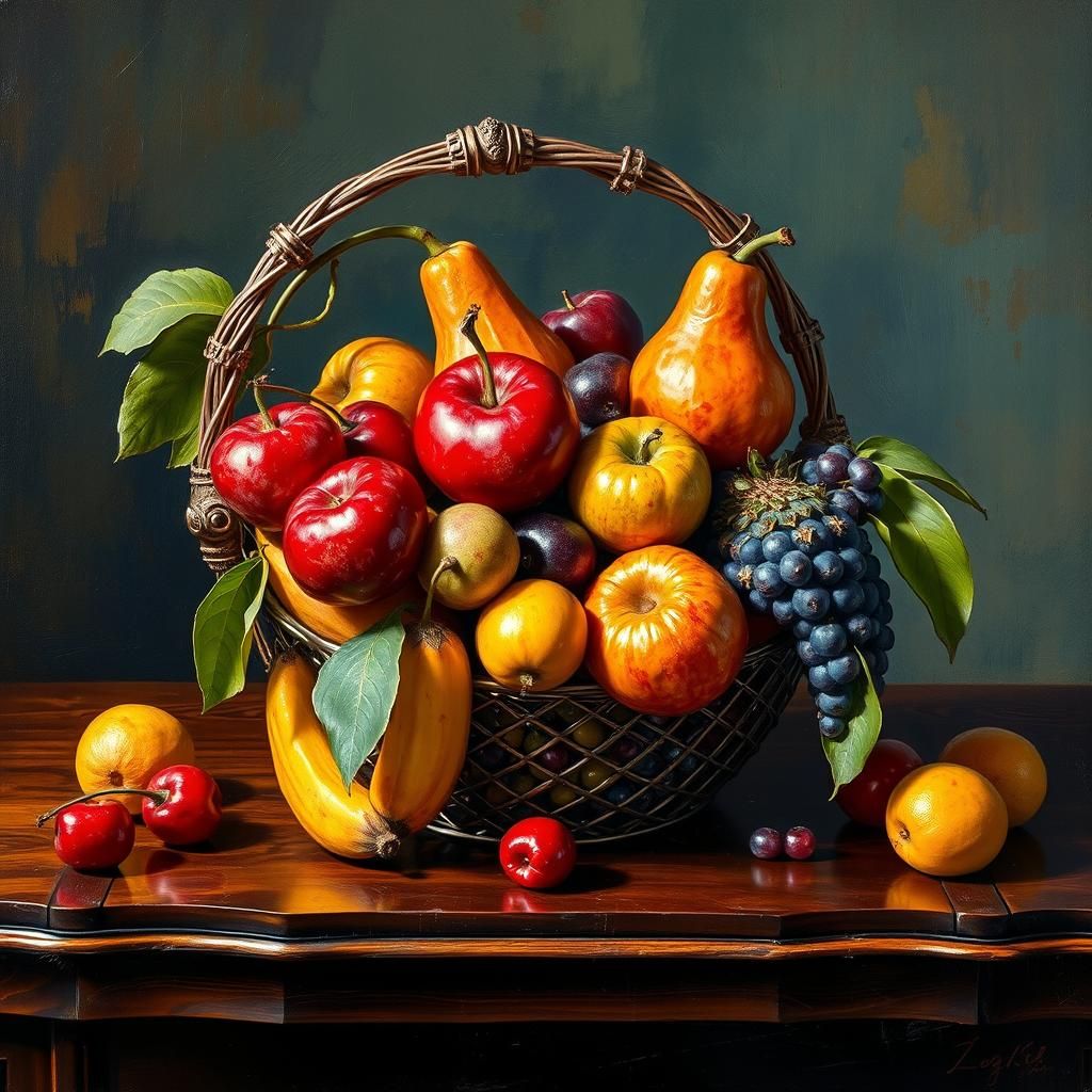 Exotic Fruits in Steampunk Basket: Impasto Oil Painting