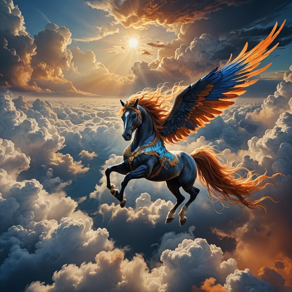 Winged Horse Flies Above Clouds: Fantasy Art