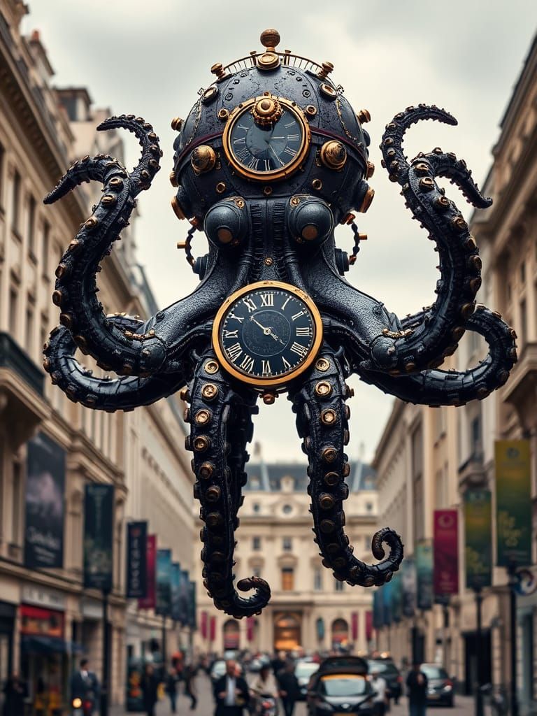 Steampunk Clockwork Octopus Sentinels in Victorian London
